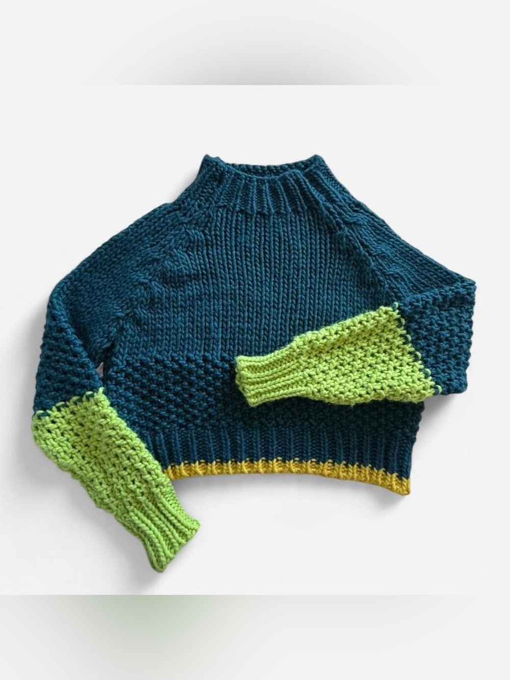 Dr. Bloom Tamborito Knit Sweater in Blue & Green Colorblock with Yellow Trim